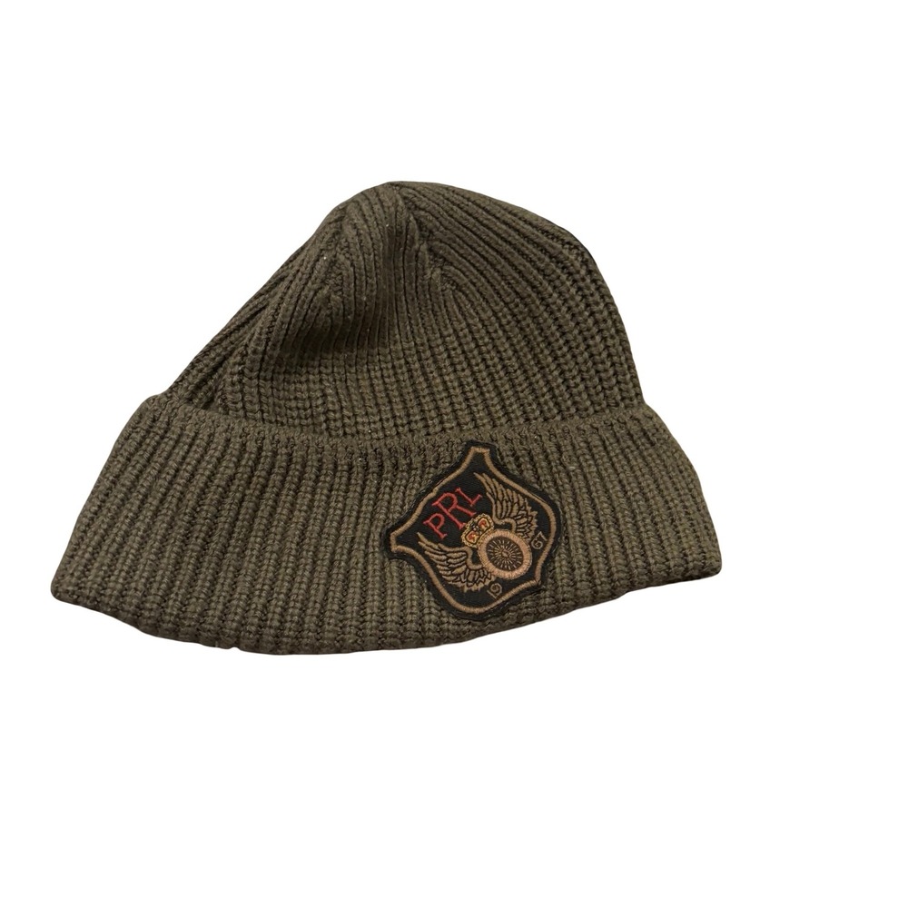 Polo Ralph Lauren Men Olive Green Ribbed Knit Beanie Tiger American Flag Patches - Picture 4 of 5